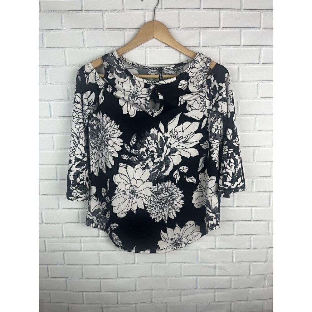 Forever Jade Cold Shoulder White Black Floral 3/4 Shirt Blouse Womens Small